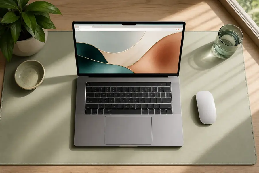 Laptop on a sage desk ready for browser play