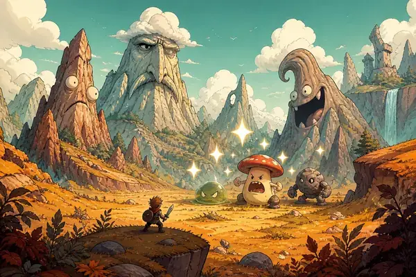 Quirky fantasy adventure hills and paths