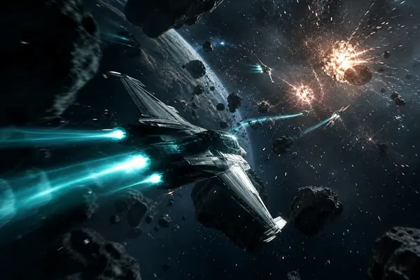Space ships weaving through asteroids