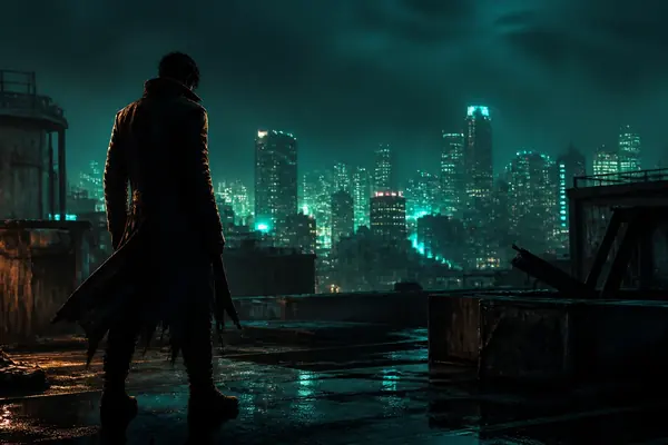 Gritty night city rooftop